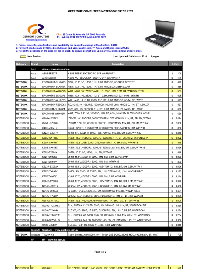 Notebook Price List PDF Laptop Computer Hardware