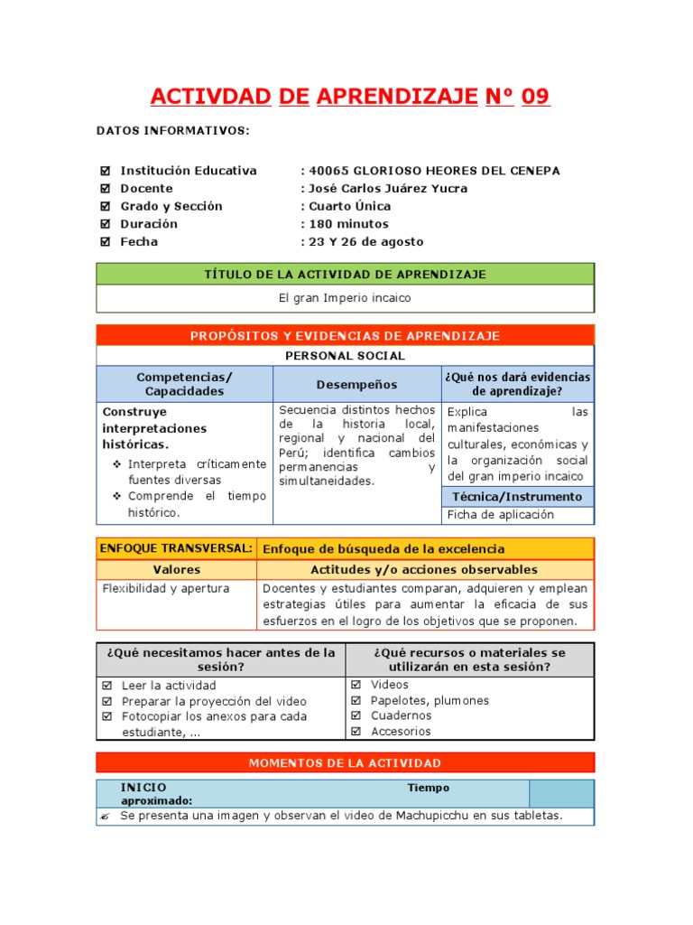 Ficha de Trabajo: Imperio Incaico | PDF | Imperio Inca | Aprendizaje