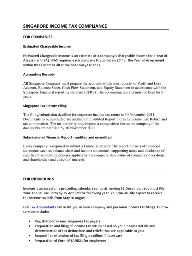 Singapore Tax Compliance Tax Return Deadlines Tax Filing