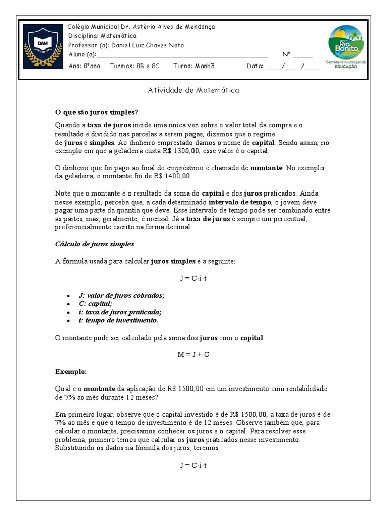 Exercícios de Juros Simples 8º Ano | PDF | Juros | Dinheiro