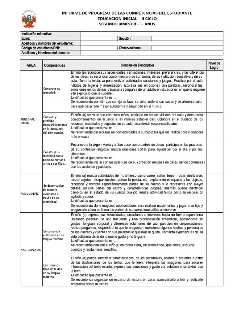 t21 Informe de Progreso 5 Años 2 Bim | PDF | Educación de la primera ...