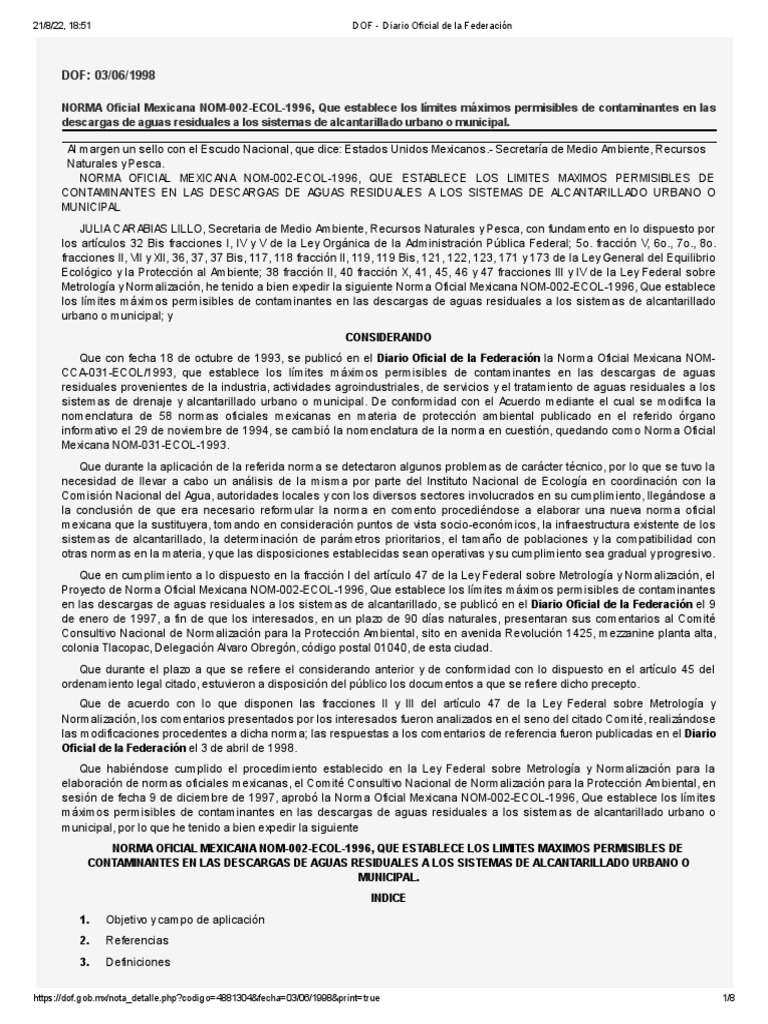 Nom 002 Ecol | PDF | Alcantarillado | Aguas residuales
