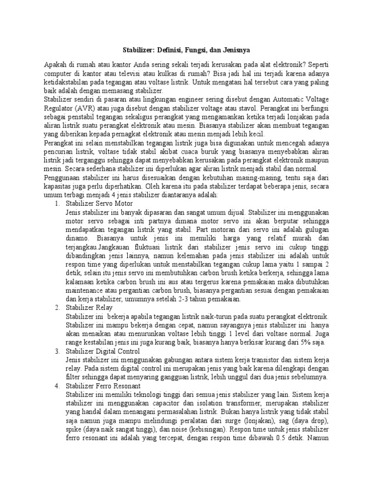 Stabilizer, Definisi, Fungsi Dan Jenisnya PDF