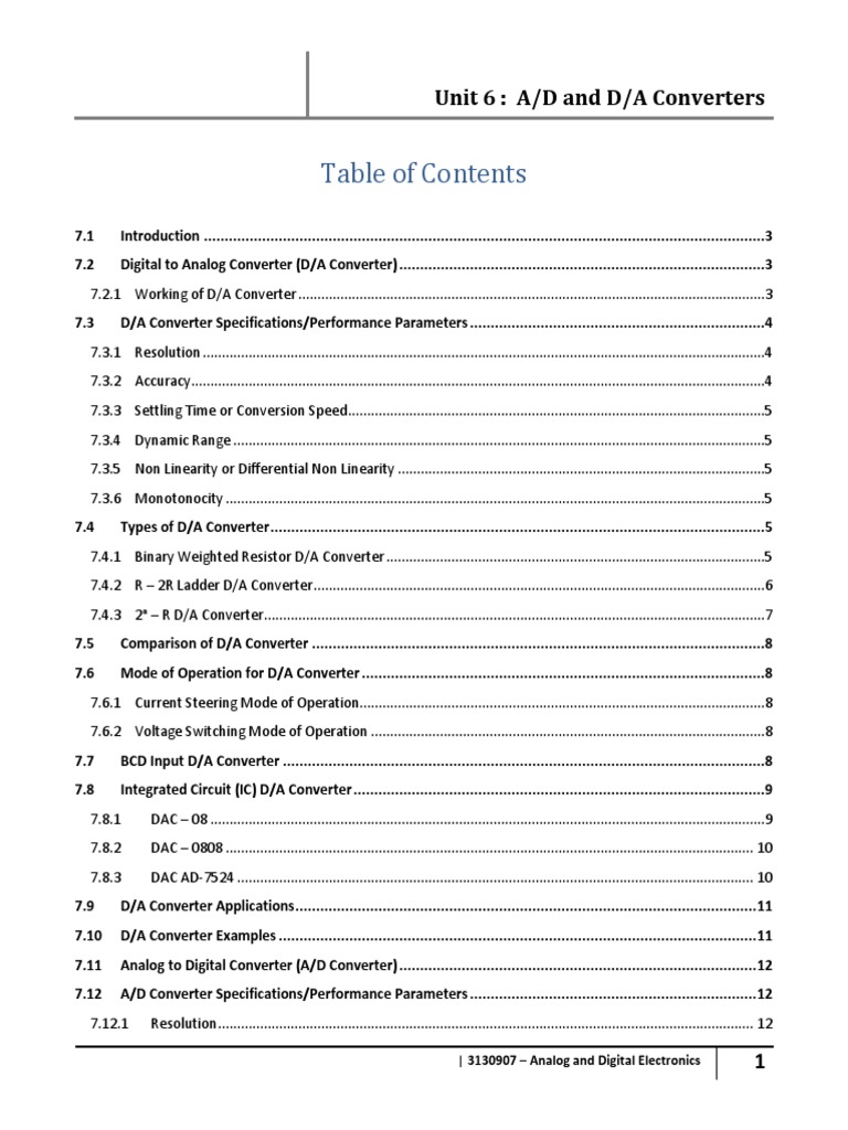 Unit 6 A/D and D/A Converters 3130907 Analog and Digital