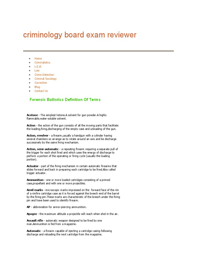 Criminology Board Exam Reviewer Forensic Ballistics Definition of