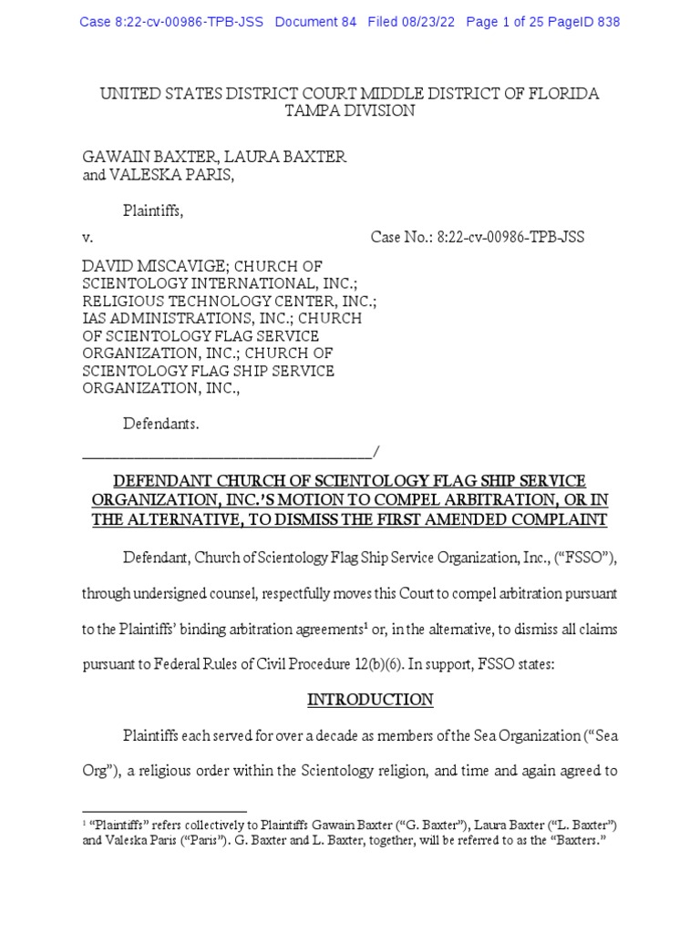 Baxter V Scientology FSSO's Motion To Compel Arbitration (Amended