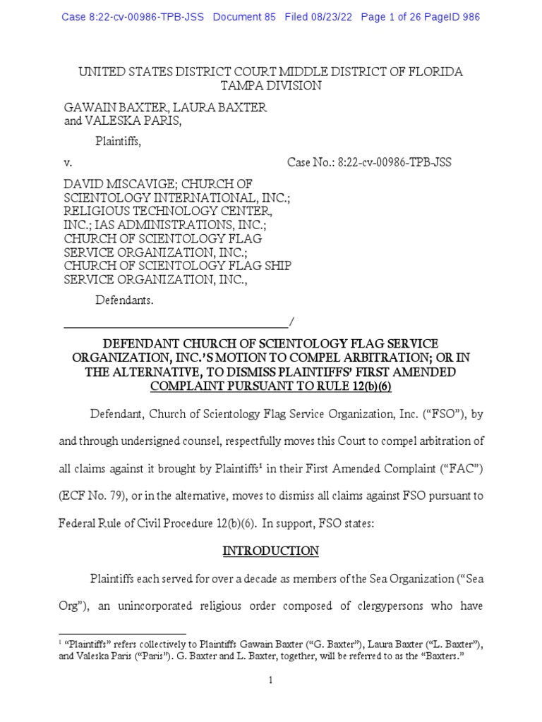 Baxter V Scientology FSO Motion To Compel Arbitration (Amended