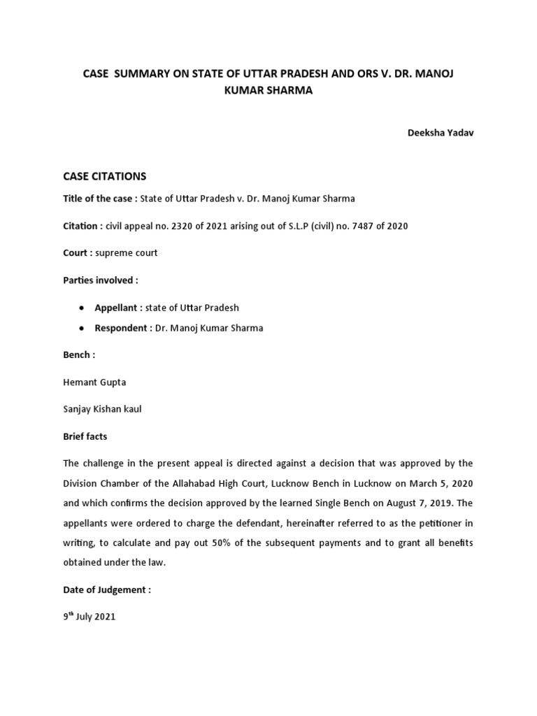 UP v. Dr. Manoj Kumar Sharma Case Summary | PDF | Appeal | Legal Procedure