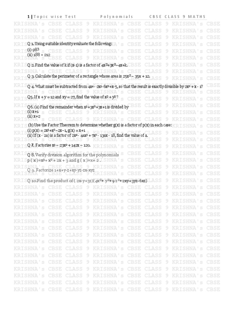 Topic wise test polynomials cbse class 9 maths verify division