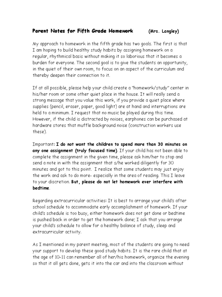 Parent Notes For Fifth Grade Homework: (Mrs. Langley) | PDF | Homework