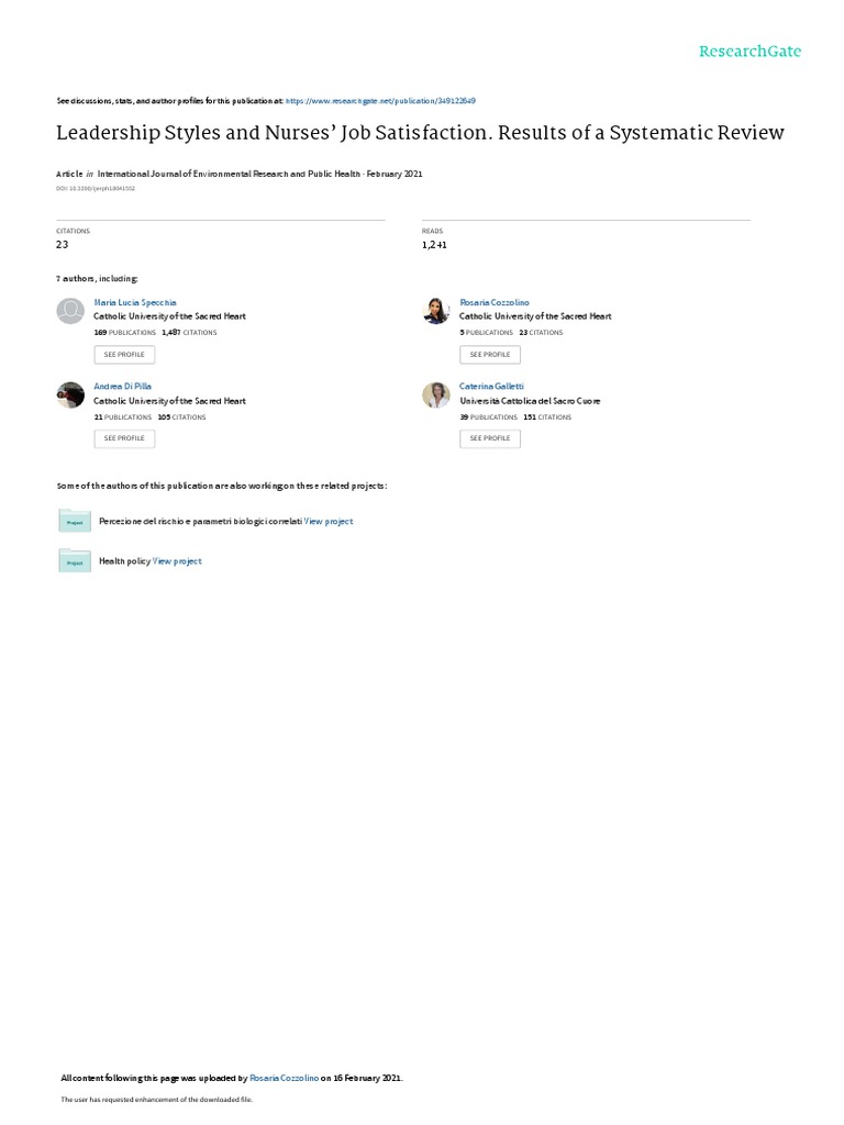 Leadership Styles and Nurses' Job Satisfaction. Results of A Systematic