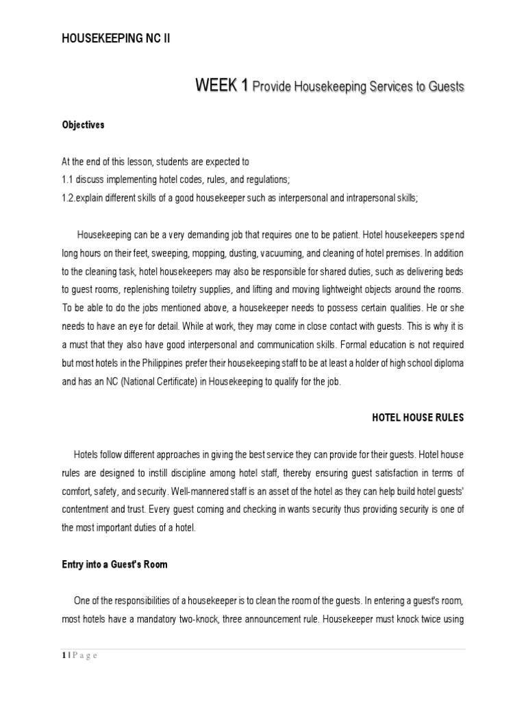 Housekeeping Week 1 PDF Housekeeping Psychological Concepts