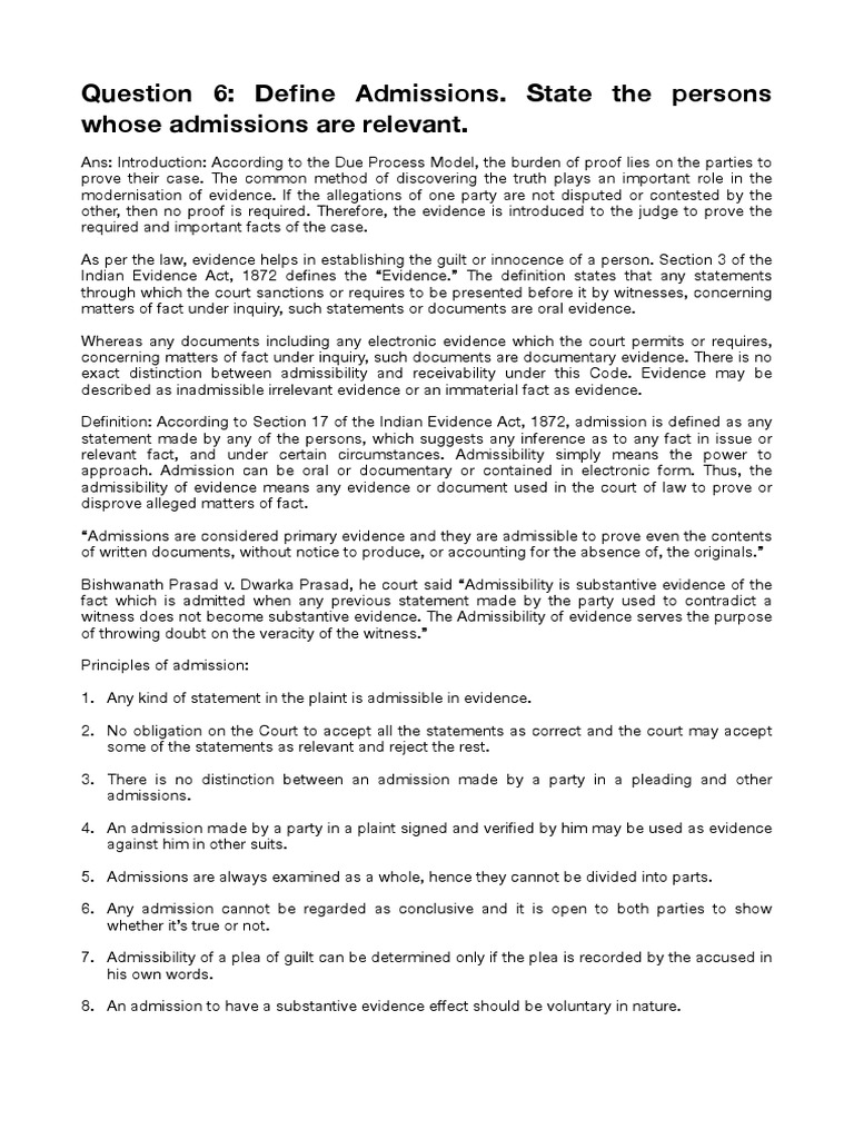Question 6 Define Admissions. State The Persons Whose Admissions Are