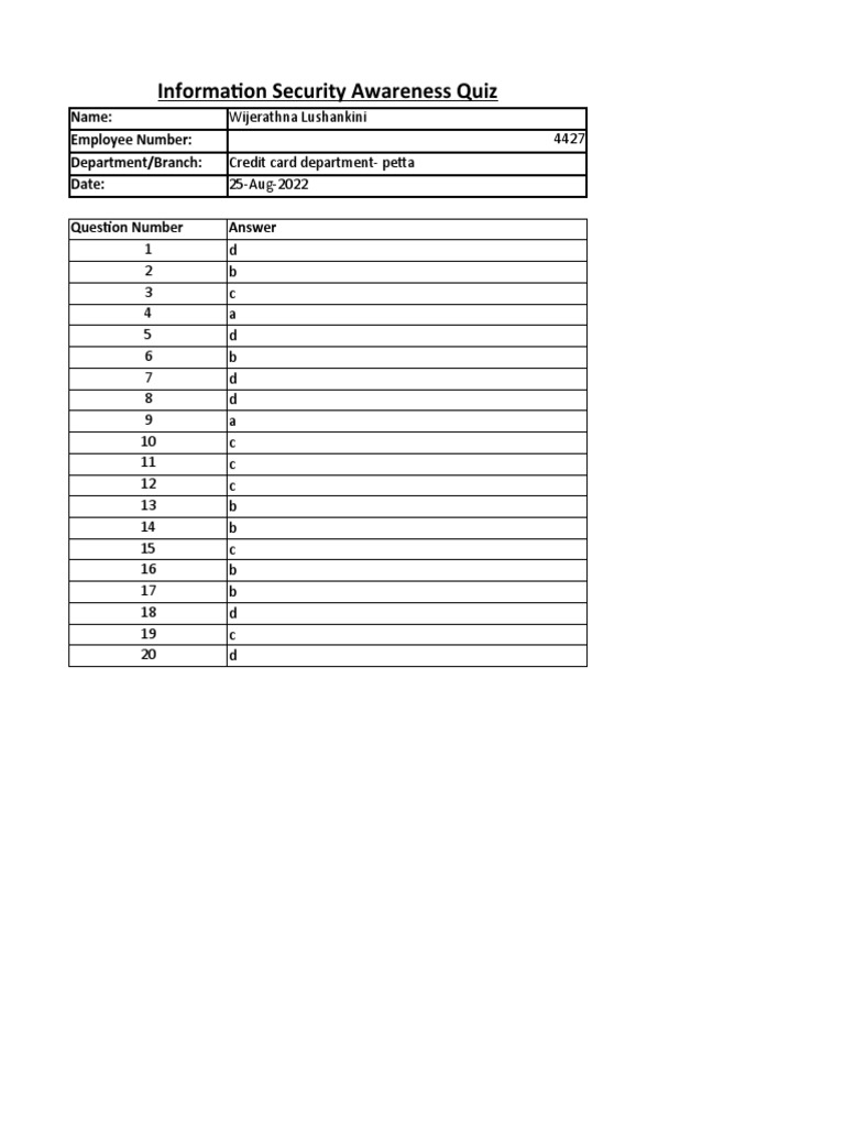 Answer Script Information Security Awareness Quiz PDF