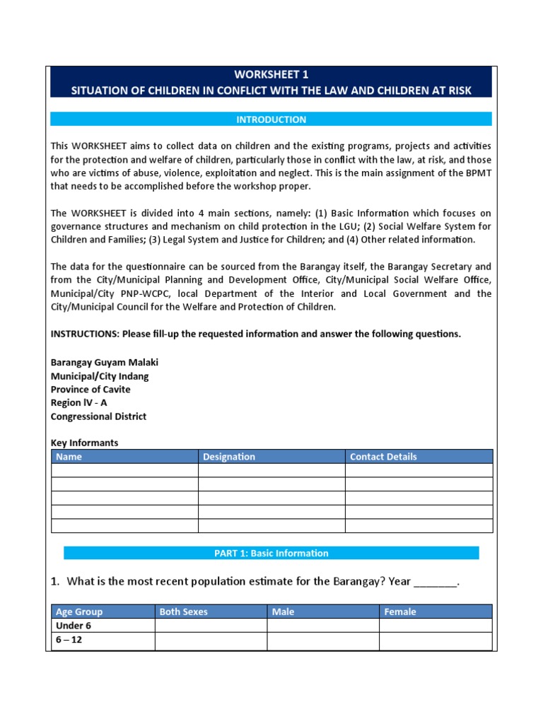 Worksheet 1 Situation of Children in Conflict With The Law and Children ...