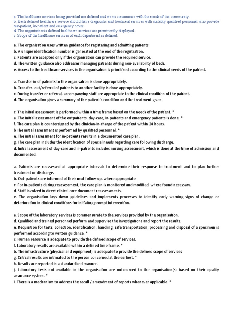 Nabh Checklist PDF Patient Quality Assurance