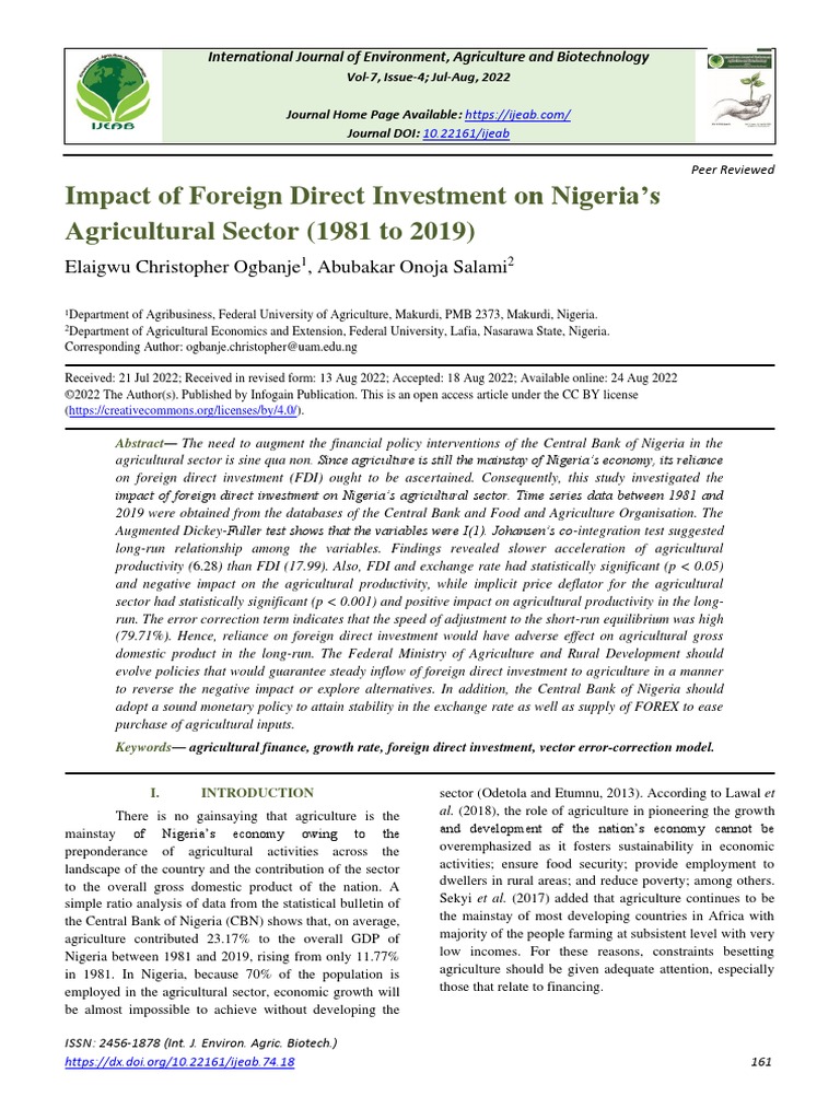 Impact of Foreign Direct Investment On Nigeria's Agricultural Sector ...