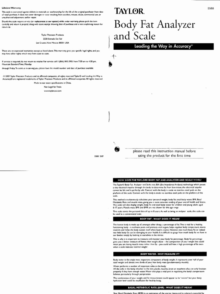 Taylor 5568 Scale Manual | PDF | Obesity | Body Mass Index