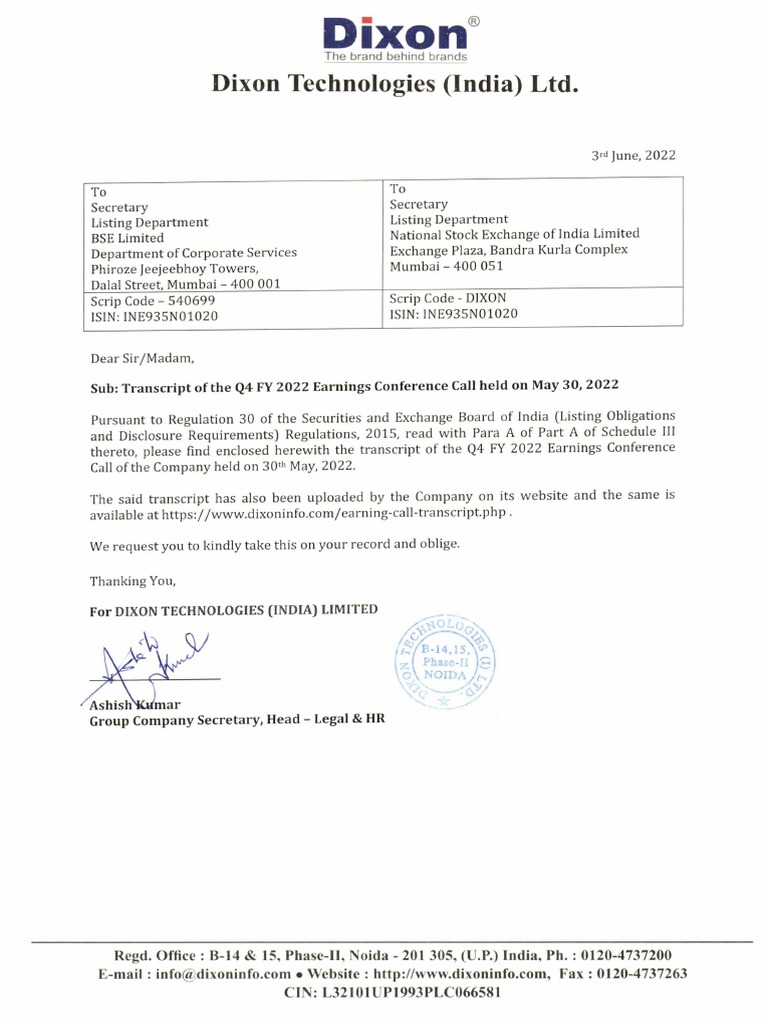 Dixon Technologies (India) LTD. Sub Transcript of The Q4 FY 2022