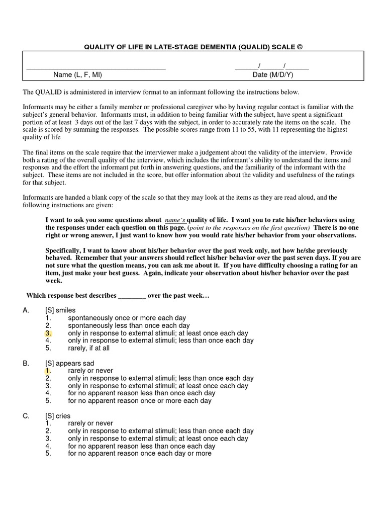 QUALID Instructions Scale PDF Qualia Dementia