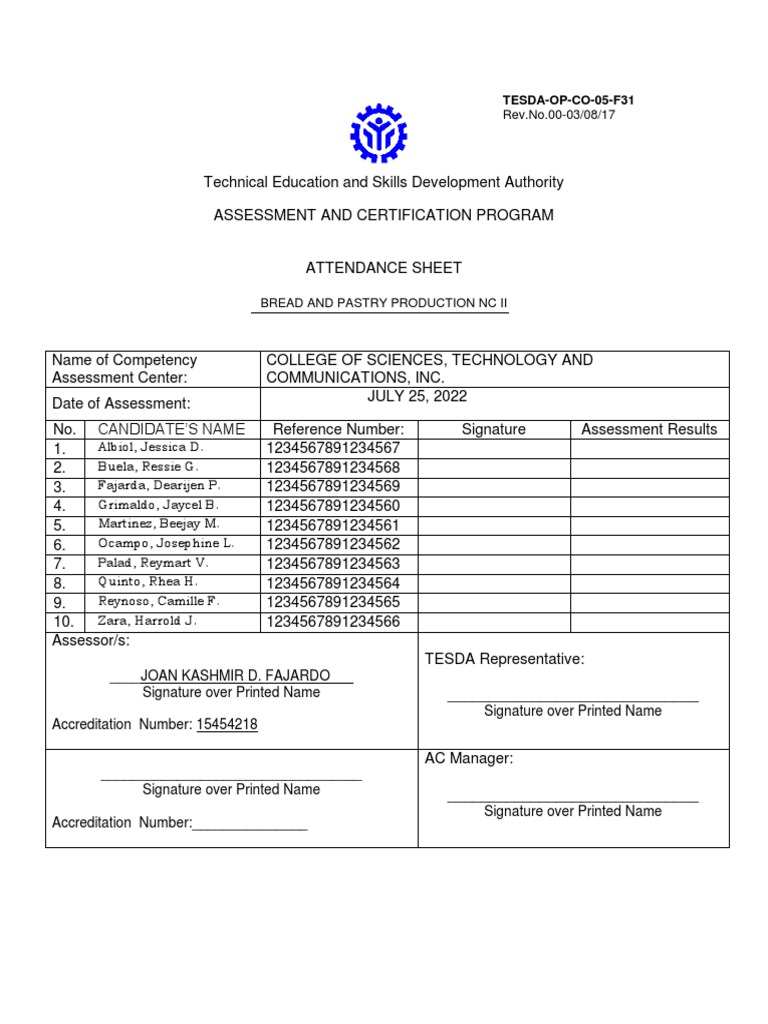 TESDA attendance sheet for bread and pastry assessment PDF