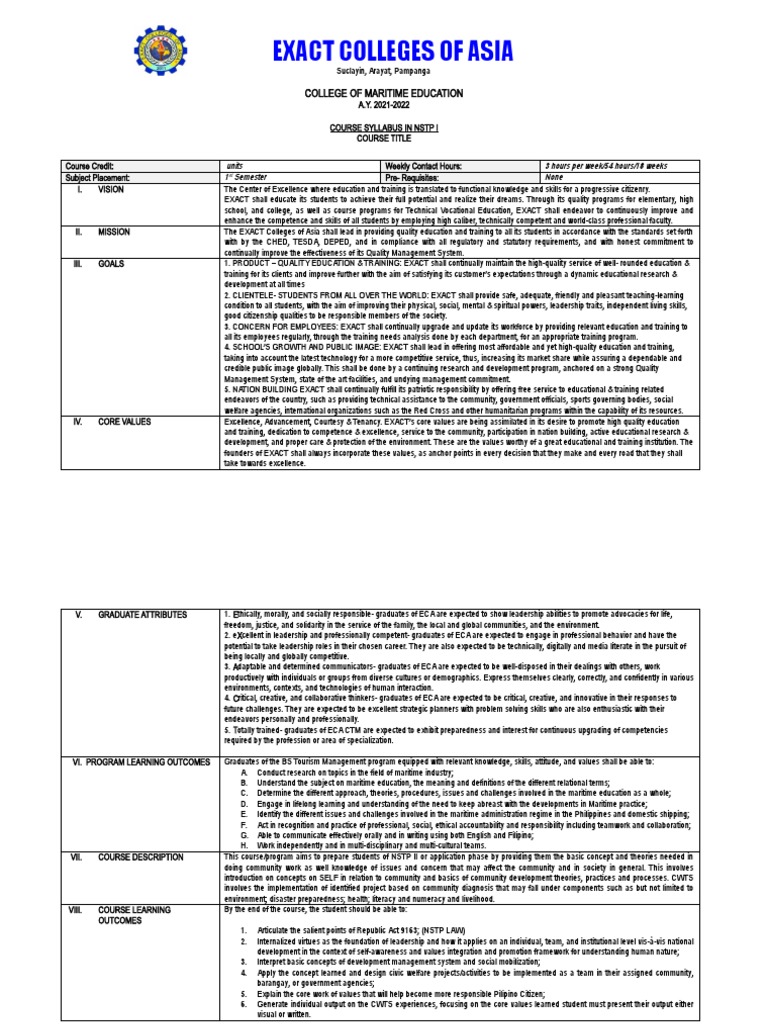 Eca Syllabus f Nstp1 Maritime 2021 PDF Leadership Emergency
