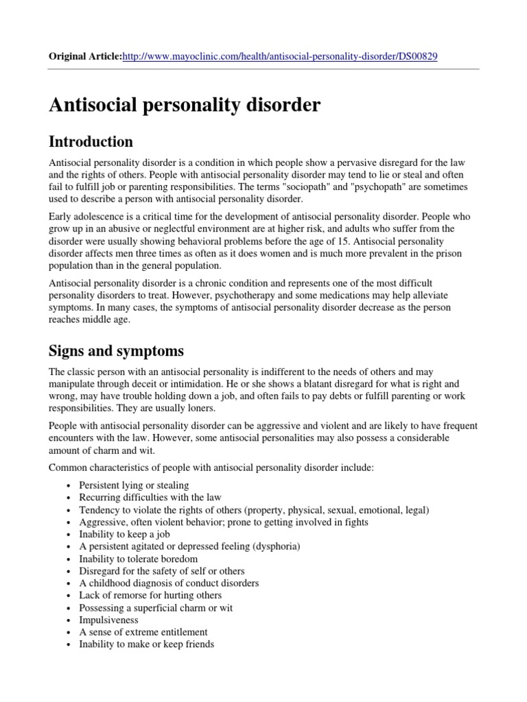 Anti Social Personality Handout PDF Antisocial Personality Disorder
