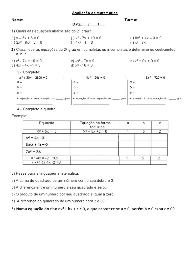Avaliação de Matemática 9 Ano Equação de 2 Grau | PDF