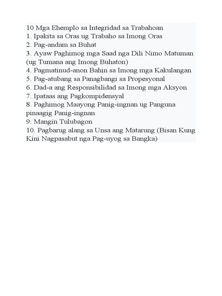 10 Mga Ehemplo Sa Integridad Sa Trabahoan | PDF