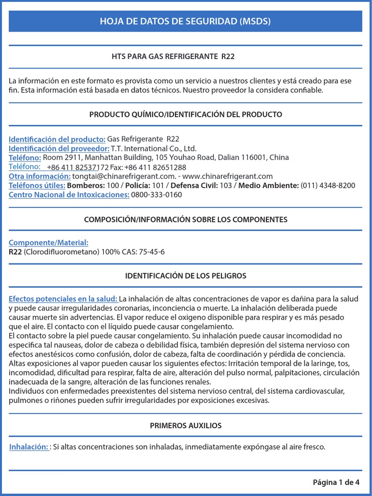 MSDS R22 Espanol | PDF | Agua | Gases