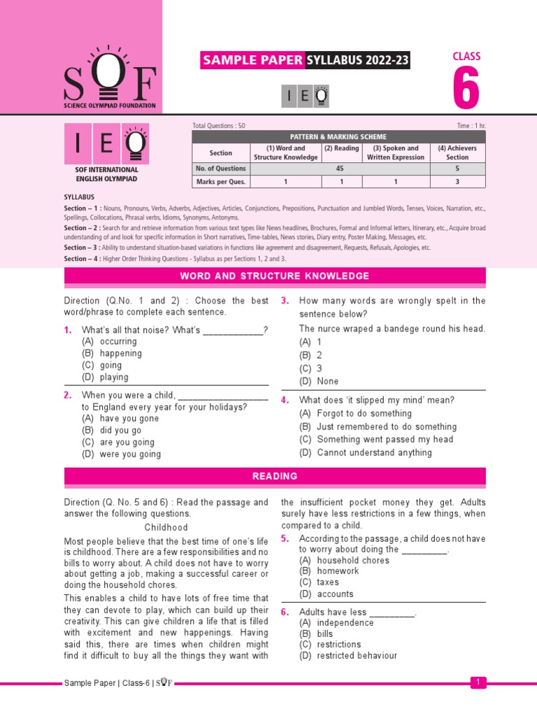 Class 6 English Olympiad Sample Paper | PDF | Verb | English Language