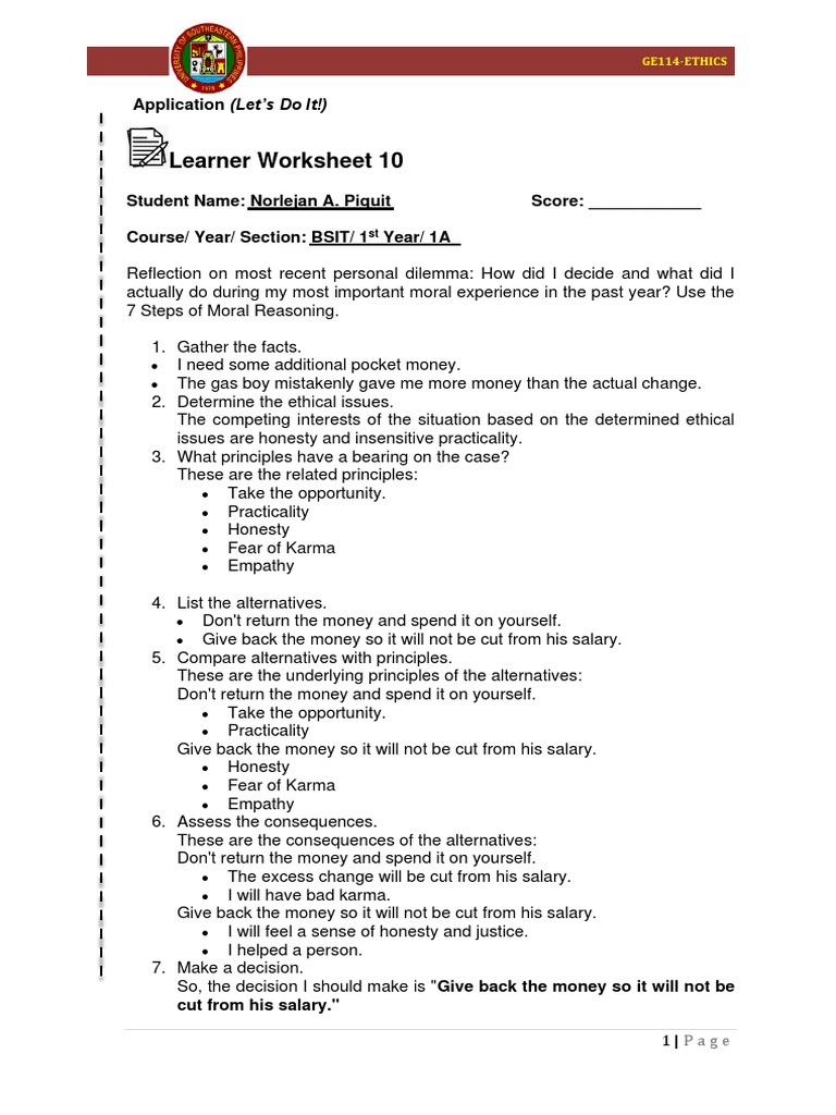 Personal Dilemma Reflection Worksheet | PDF | Learning | Behavior ...