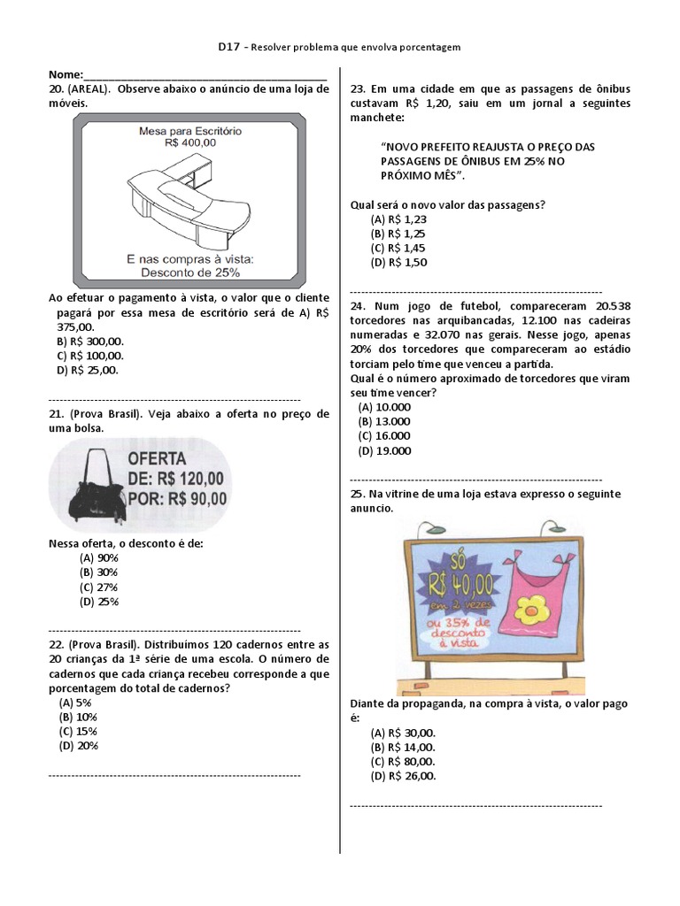 D17 (9º ANO - Mat.) - Porcentagem | PDF | Matemática | Matemática elementar