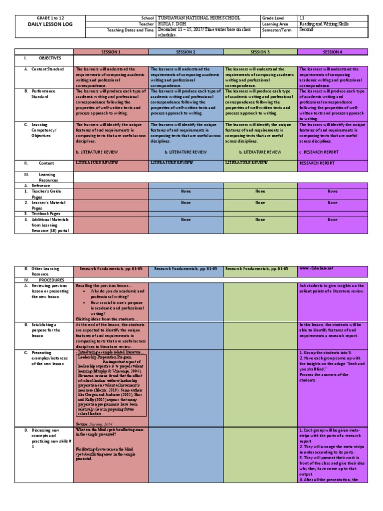 DECEMBER 11 15, 2017 DLL READING AND WRITING SKILLS PDF Learning