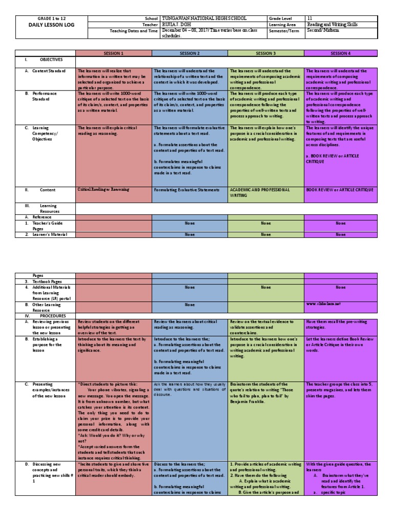 December 04 08, 2017 Dll Reading and Writing Skills PDF Learning