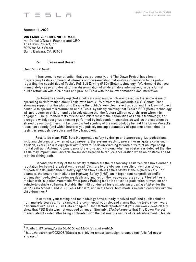 Tesla's Cease and Desist Notice | PDF | Traffic Collision | Transport