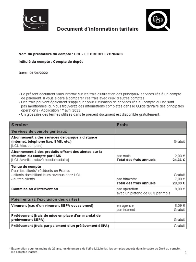 Tarifs des comptes LCL : frais et services | PDF | Banques | Chèque
