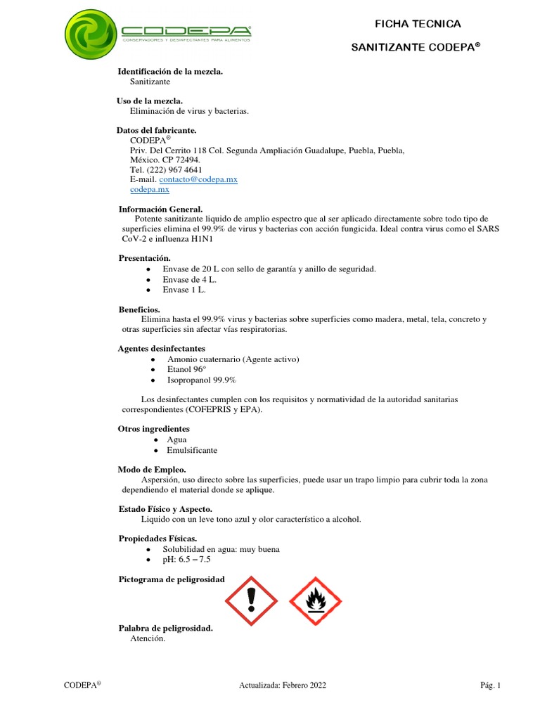Ficha Tecnica Sanitizante PDF Etanol Agua