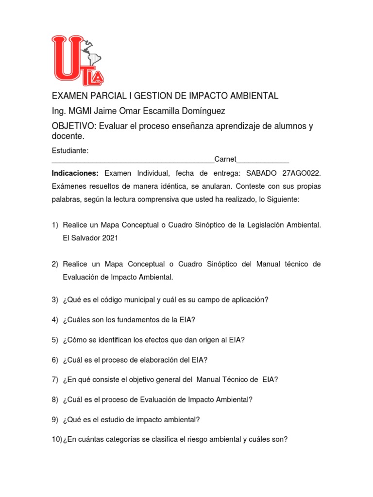 Examen Parcial: Gestión de Impacto Ambiental | PDF