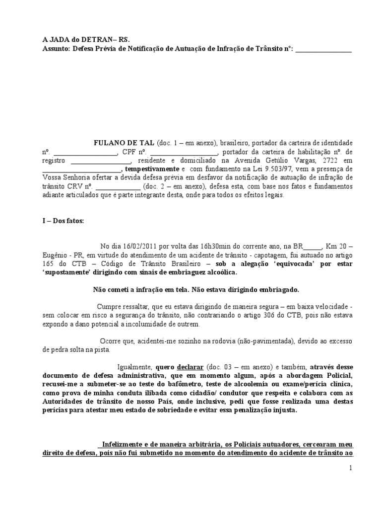 MODELO RECURSO DE INFRAÇÃO DE TRÃNSITO EMBRIAGUEZ