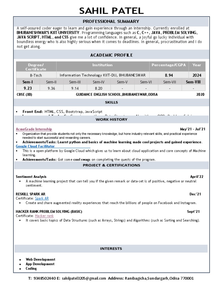 Degree/ Certificate Institution Percentage/Cgpa Year Acmegrade