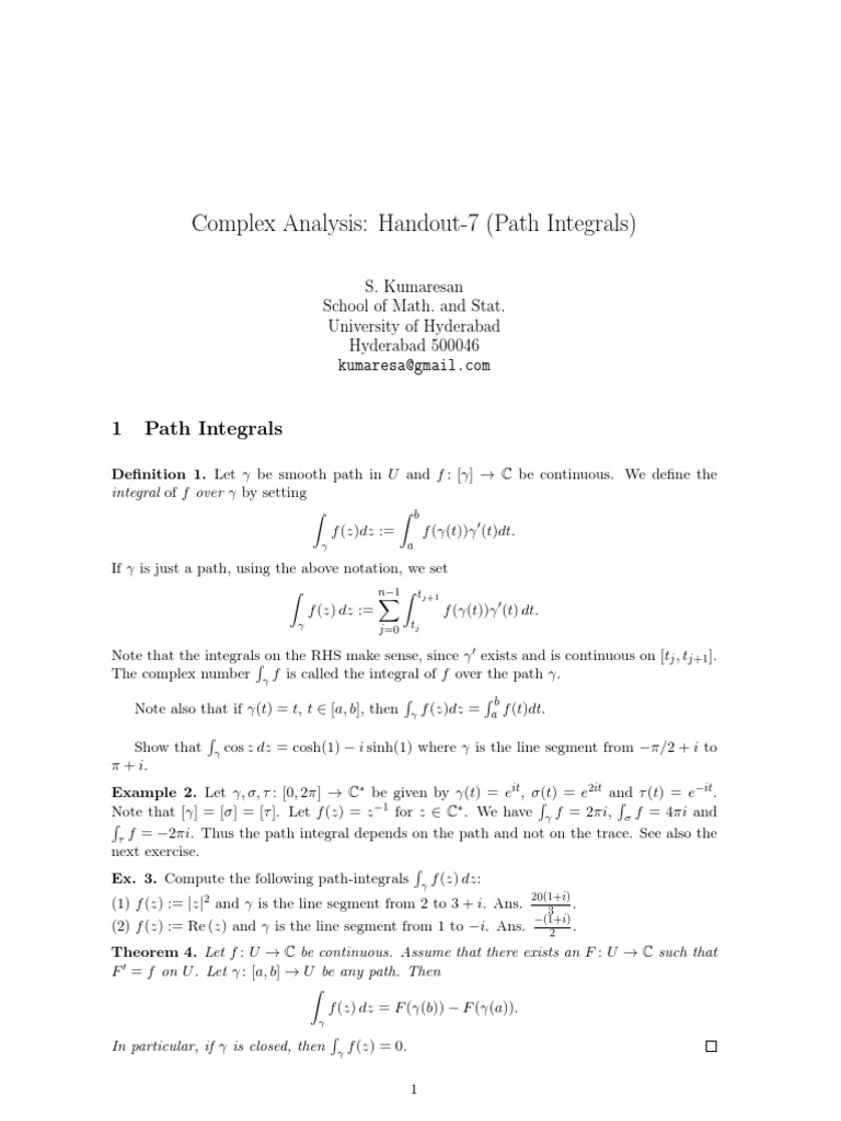 Complex Analysis Handout 7 Path Integrals | PDF | Mathematical Analysis ...