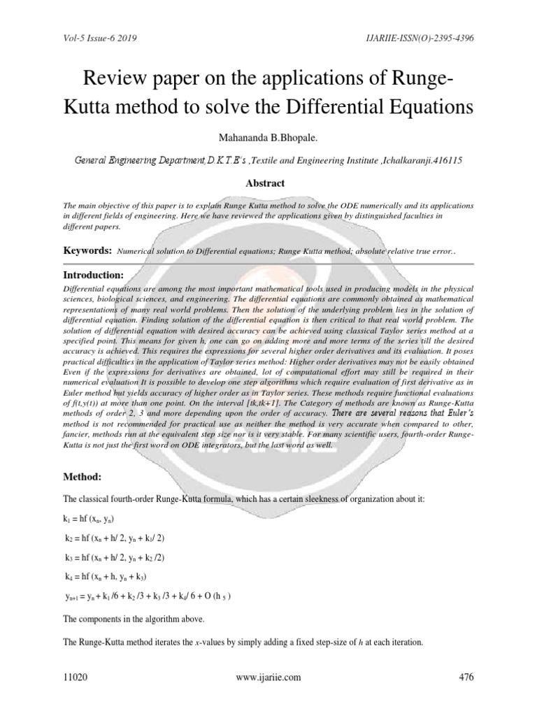 Review Paper On The Applications of Runge Kutta Method To Solve The