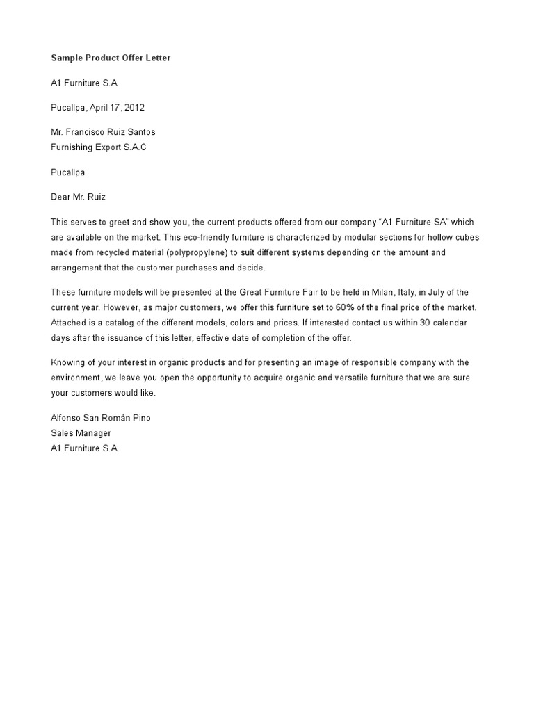 Sample Product Offer Letter | PDF | Home & Garden | Lifestyle