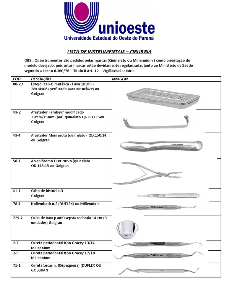 Lista de Instrumentais Cirurgia | PDF | Ferramentas