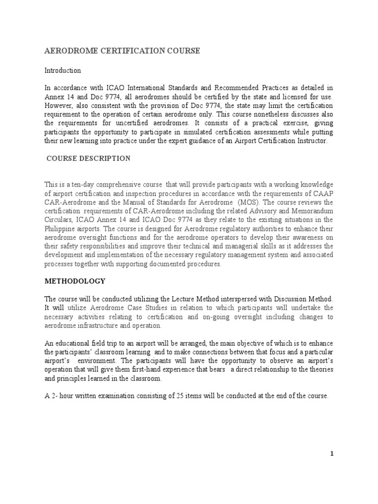 Aerodrome Certification Training Course | PDF | Aerodrome | Airport
