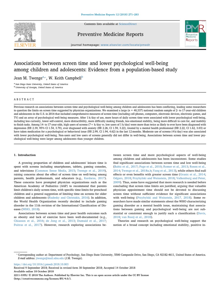 Associations Between Screen Time and Lower Psychological Well | PDF ...