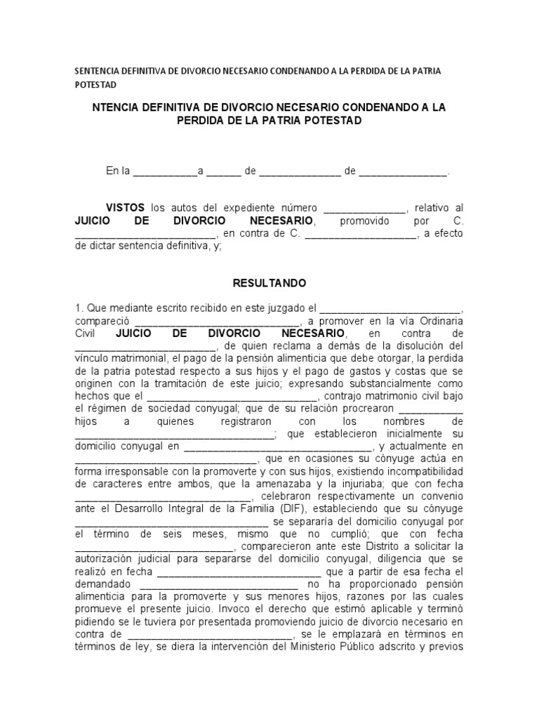 Sentencia Definitiva de Divorcio Necesario Condenando A La Perdida de