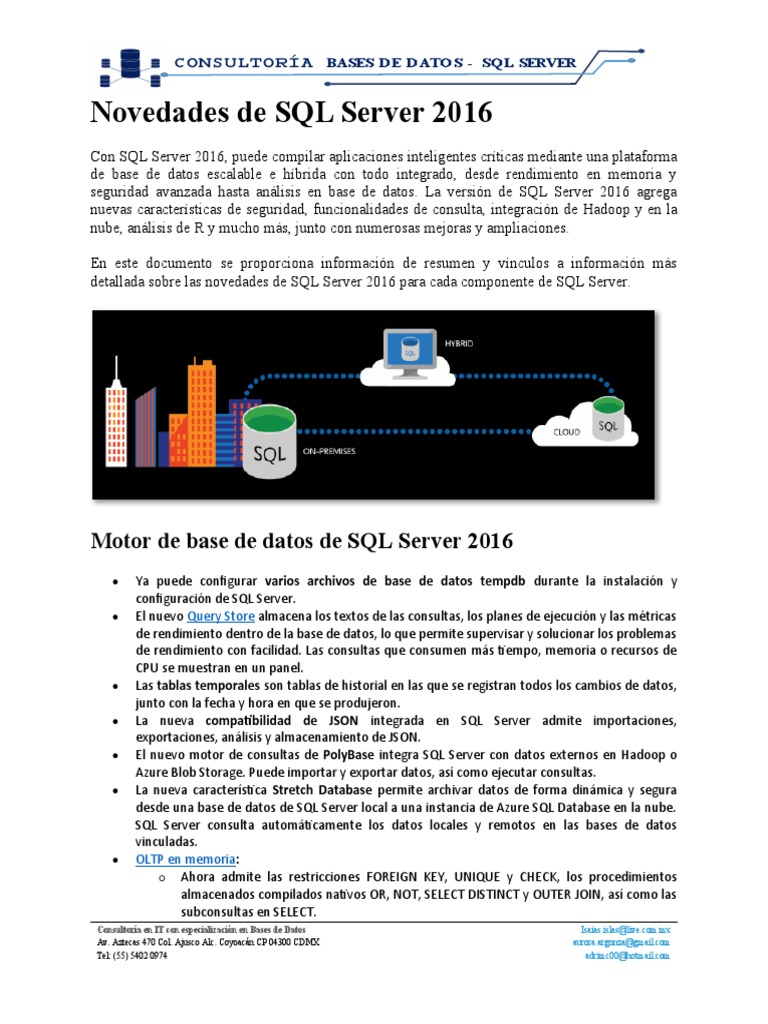 Novedades SQL Server 2016: Funciones Clave | PDF | Servidor SQL de ...
