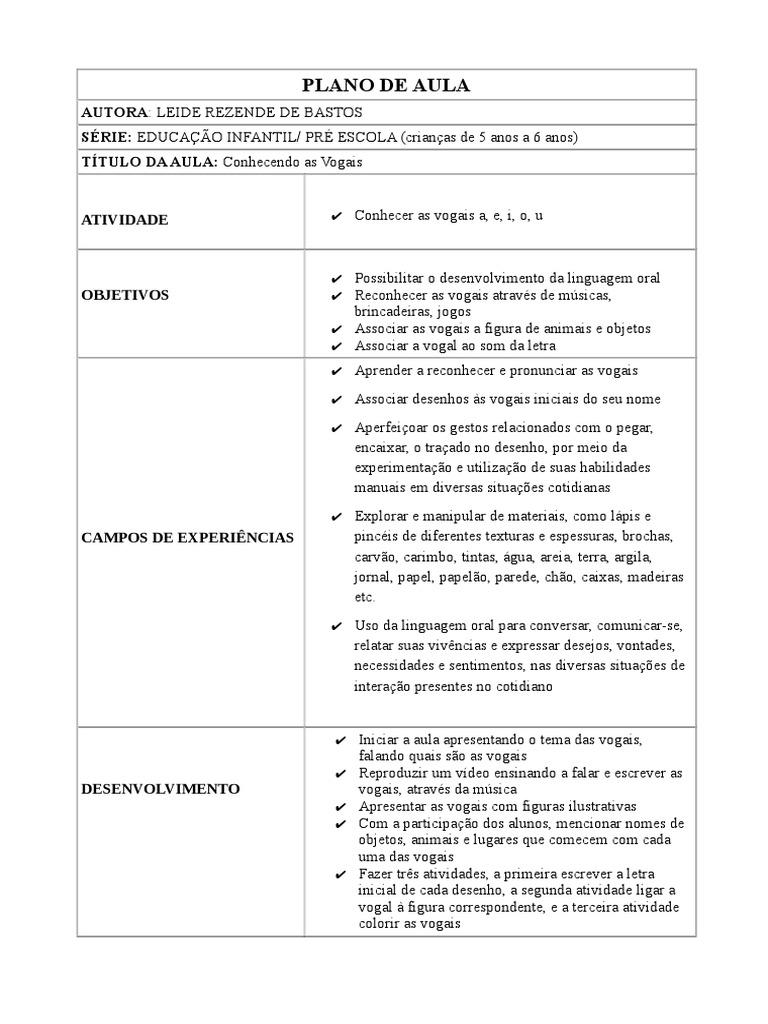 Plano de Aula 5 Conhecendo As Vogais | PDF | Desenho | Alfabetização